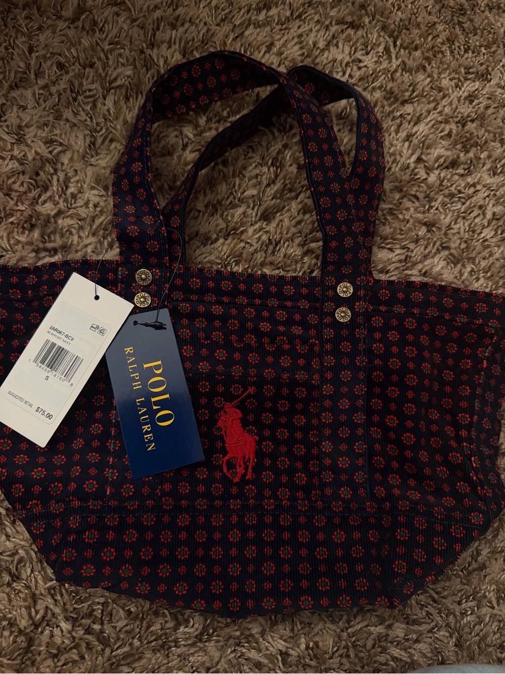 Polo by Ralph Lauren Navy with Red Patterned Embroidered Tote